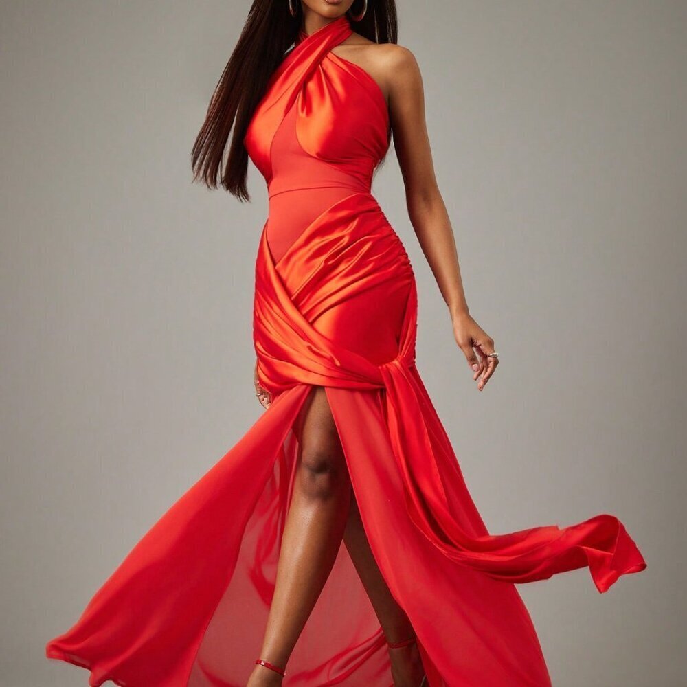 Red Elegant Women's Satin Floor Length Gown